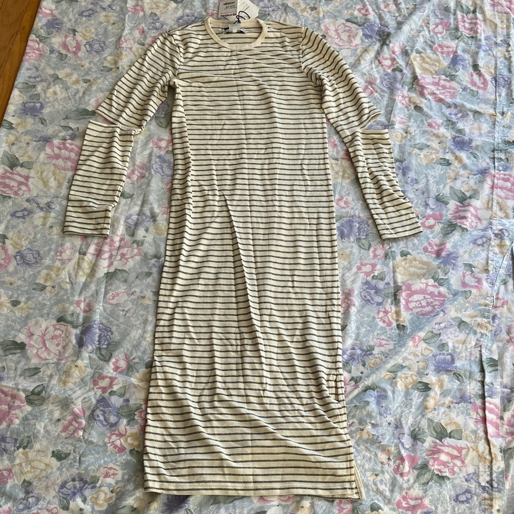 Current/Elliott Beige and Black Striped Long Sleeve Dress